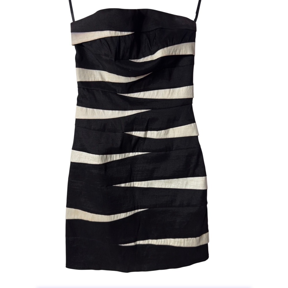 Jessica McClintock Black White Strapless Colorblock Pleated‎ Mini Dress Size 2